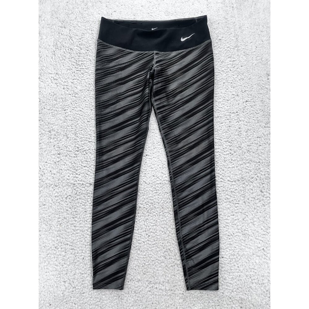 Women's Nike Dri Fit Black Gray Stripe Athletic Running Low-Rise Leggings Size M